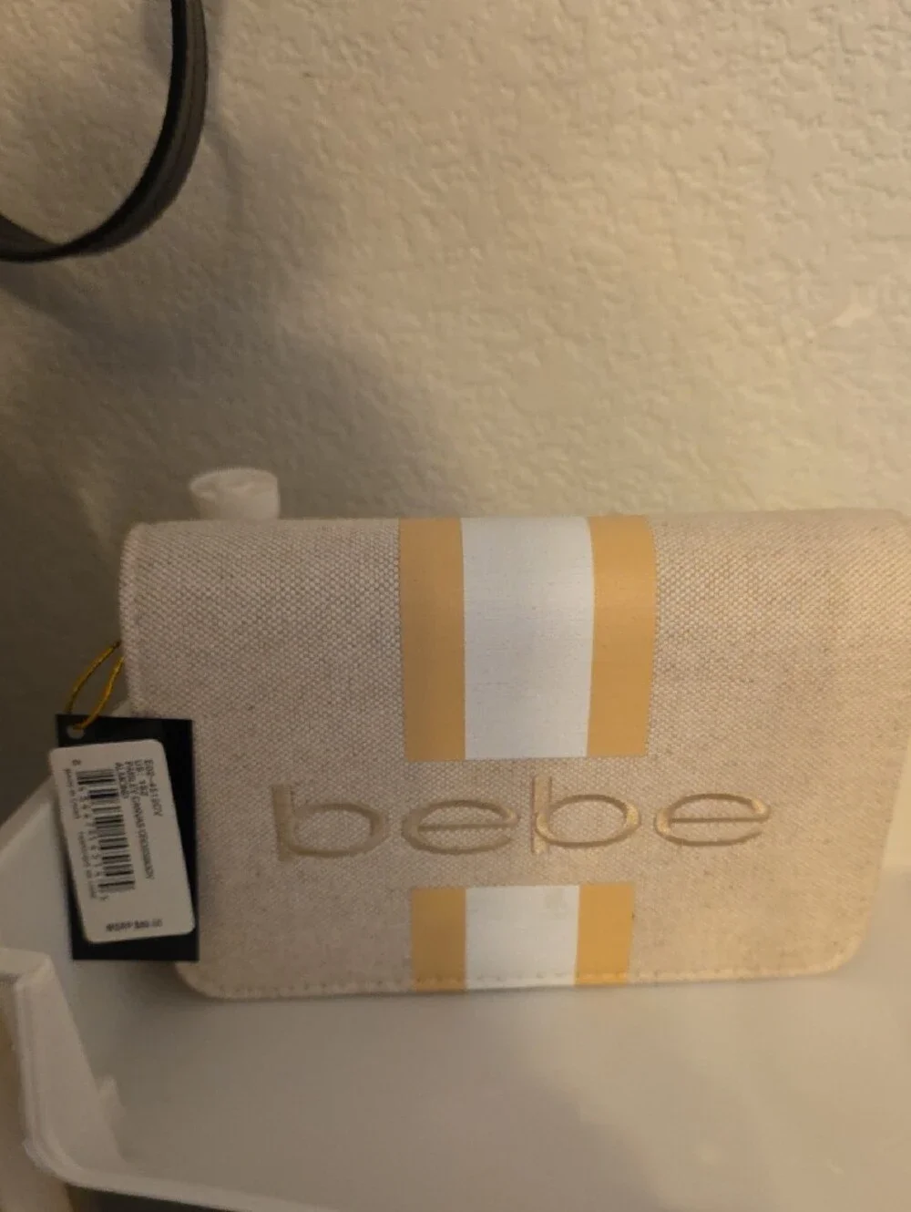 bebe Beige Clutch with Yellow and White Stripes